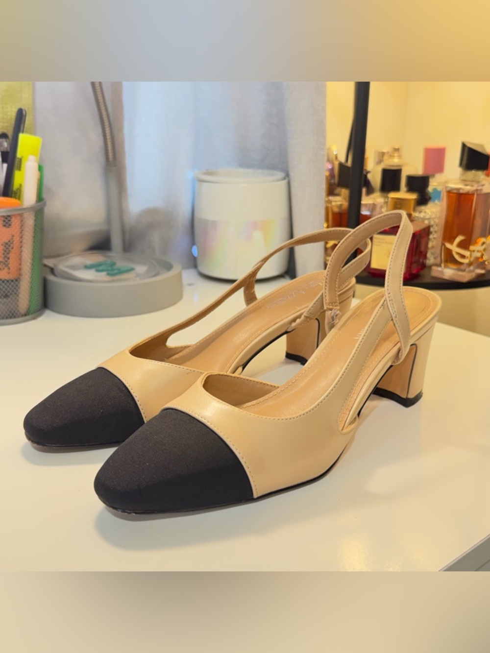 Beige and Black Slingback Block Heel Pumps